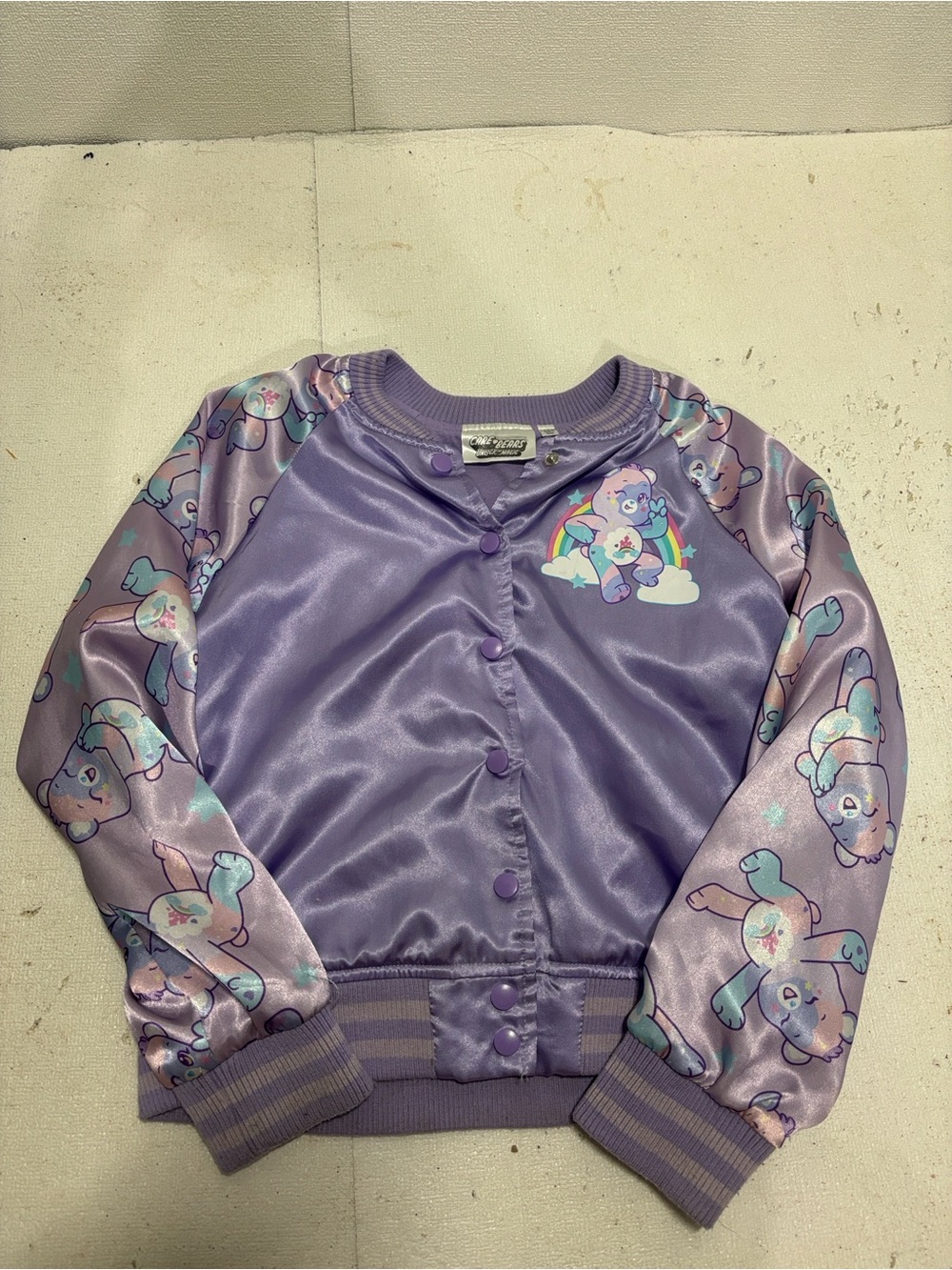 Care Bears Purple Satin Bomber Jacket with Pastel Multi-Color Sleeves
